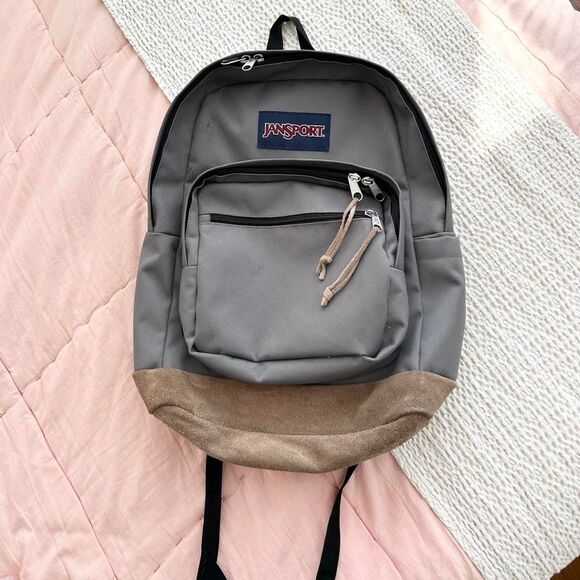 JANSPORT Gray Canvas Backpack with faux leather brown bottom. s-l400.jpg main image 2
